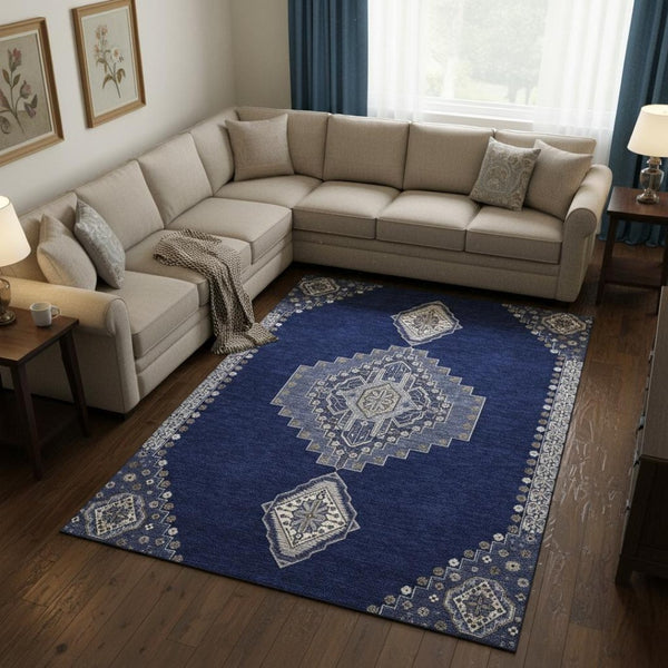HomeRoots 10' Navy Blue, Ivory & Gray Oriental Washable Area Rug - Durable, Stain-Resistant & UV Protected! 679588