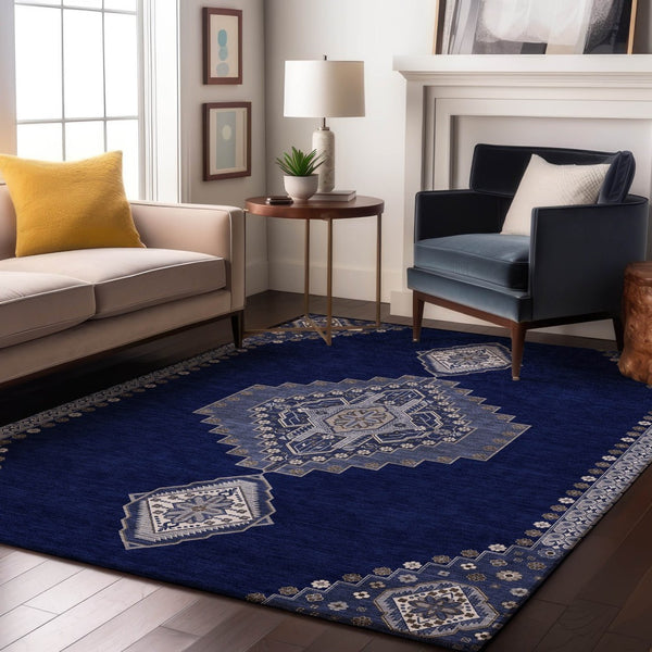 HomeRoots 10' Navy Blue, Ivory & Gray Oriental Washable Area Rug - Durable, Stain-Resistant & UV Protected! 679588
