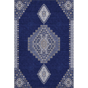 HomeRoots 10' Navy Blue, Ivory & Gray Oriental Washable Area Rug - Durable, Stain-Resistant & UV Protected! 679588