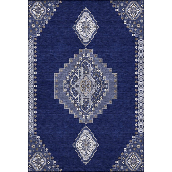 HomeRoots 10' Navy Blue, Ivory & Gray Oriental Washable Area Rug - Durable, Stain-Resistant & UV Protected! 679588