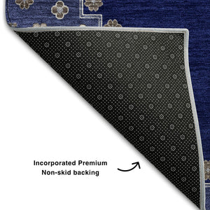 HomeRoots 10' Navy Blue, Ivory & Gray Oriental Washable Area Rug - Durable, Stain-Resistant & UV Protected! 679588