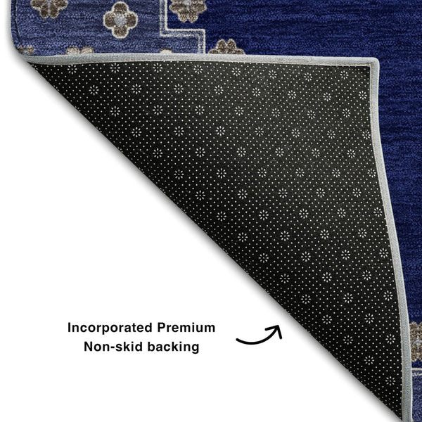 HomeRoots 10' Navy Blue, Ivory & Gray Oriental Washable Area Rug - Durable, Stain-Resistant & UV Protected! 679588