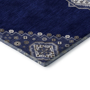 HomeRoots 10' Navy Blue, Ivory & Gray Oriental Washable Area Rug - Durable, Stain-Resistant & UV Protected! 679588