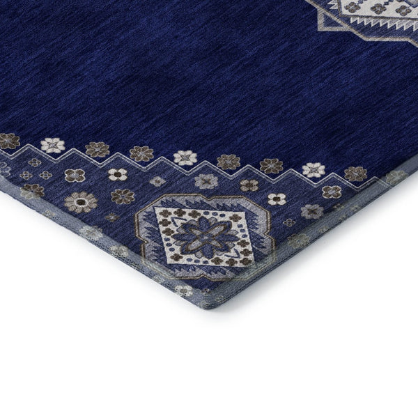 HomeRoots 10' Navy Blue, Ivory & Gray Oriental Washable Area Rug - Durable, Stain-Resistant & UV Protected! 679588