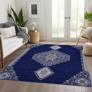 HomeRoots 10' Navy Blue, Ivory & Gray Oriental Washable Area Rug - Durable, Stain-Resistant & UV Protected! 679588