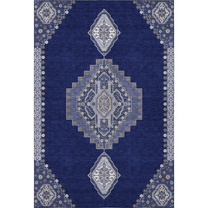 HomeRoots 10' Navy Blue, Ivory & Gray Oriental Washable Area Rug - Durable, Stain-Resistant & UV Protected! 679588