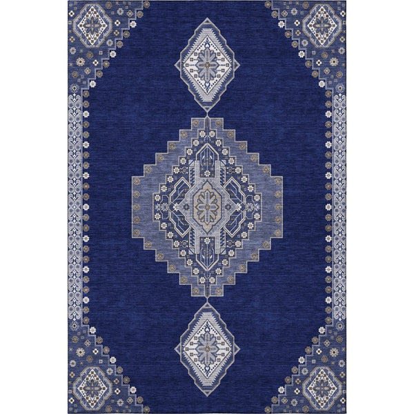 HomeRoots 10' Navy Blue, Ivory & Gray Oriental Washable Area Rug - Durable, Stain-Resistant & UV Protected! 679588