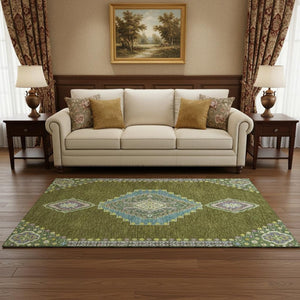 HomeRoots 5' X 8' Olive Green, Teal & Purple Oriental Washable Area Rug - Durable, Stain-Resistant & Stylish! 679590