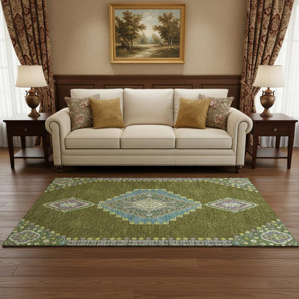 HomeRoots 5' X 8' Olive Green, Teal & Purple Oriental Washable Area Rug - Durable, Stain-Resistant & Stylish! 679590