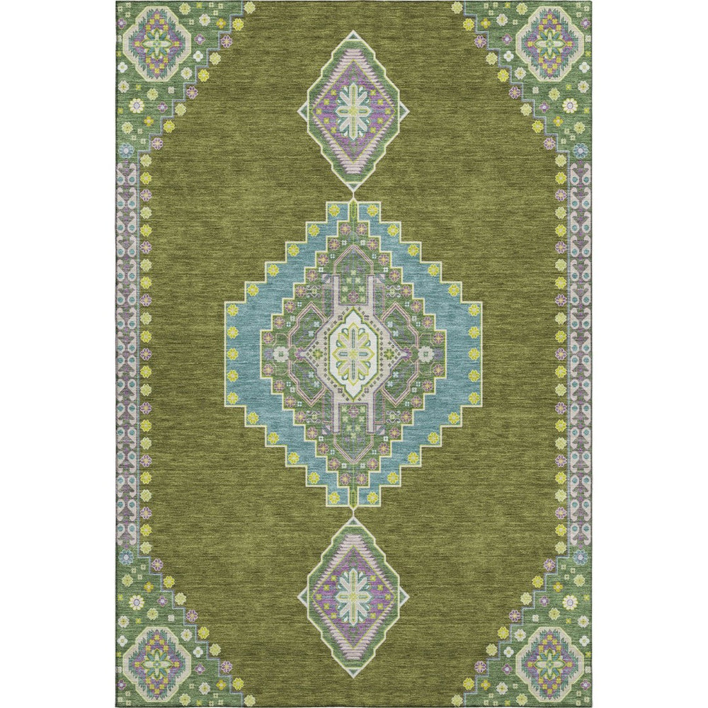 HomeRoots 5' X 8' Olive Green, Teal & Purple Oriental Washable Area Rug - Durable, Stain-Resistant & Stylish! 679590