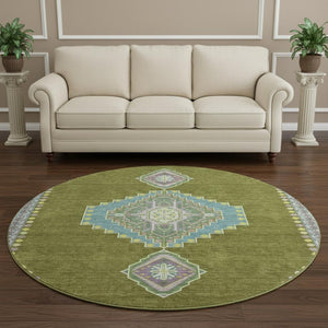 HomeRoots 8' Olive Green, Teal & Purple Oriental Round Rug – Durable, UV-Protected, Stain-Resistant Design! 679591