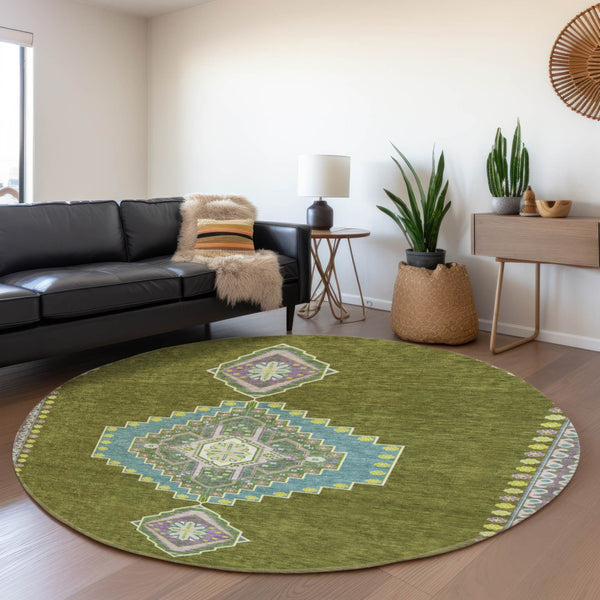 HomeRoots 8' Olive Green, Teal & Purple Oriental Round Rug – Durable, UV-Protected, Stain-Resistant Design! 679591