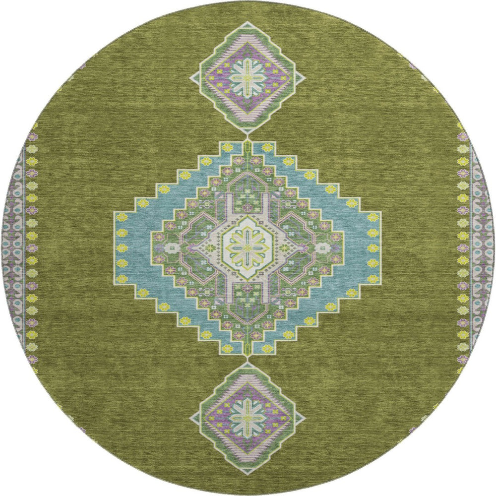 HomeRoots 8' Olive Green, Teal & Purple Oriental Round Rug – Durable, UV-Protected, Stain-Resistant Design! 679591