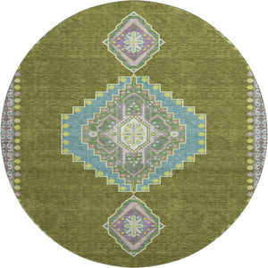 HomeRoots 8' Olive Green, Teal & Purple Oriental Round Rug – Durable, UV-Protected, Stain-Resistant Design! 679591