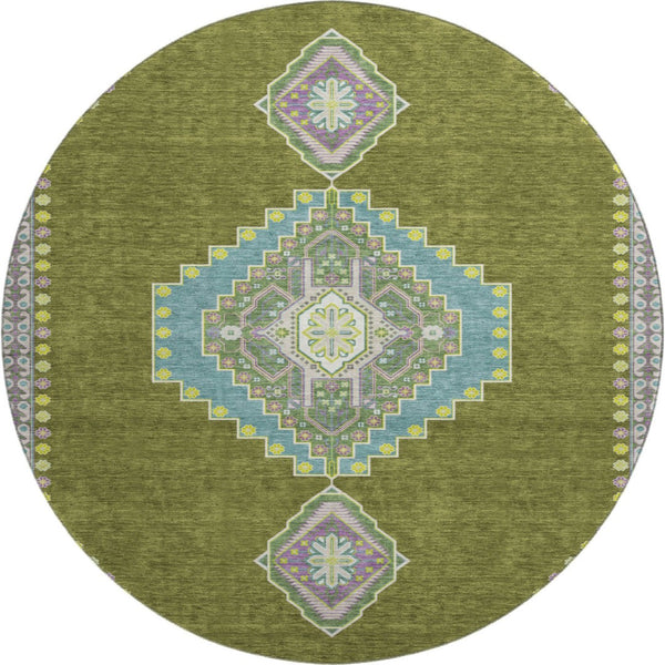 HomeRoots 8' Olive Green, Teal & Purple Oriental Round Rug – Durable, UV-Protected, Stain-Resistant Design! 679591