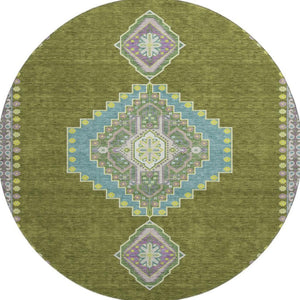 HomeRoots 8' Olive Green, Teal & Purple Oriental Round Rug – Durable, UV-Protected, Stain-Resistant Design! 679591