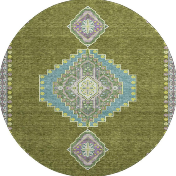 HomeRoots 8' Olive Green, Teal & Purple Oriental Round Rug – Durable, UV-Protected, Stain-Resistant Design! 679591