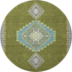 HomeRoots 8' Olive Green, Teal & Purple Oriental Round Rug – Durable, UV-Protected, Stain-Resistant Design! 679591