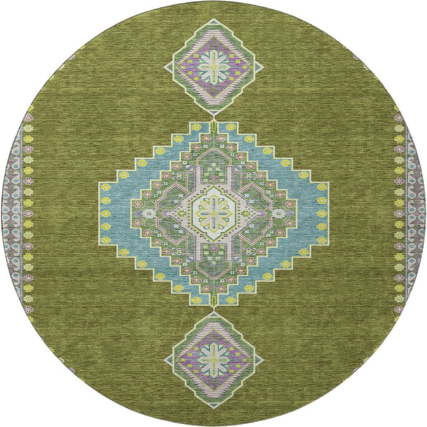 HomeRoots 8' Olive Green, Teal & Purple Oriental Round Rug – Durable, UV-Protected, Stain-Resistant Design! 679591