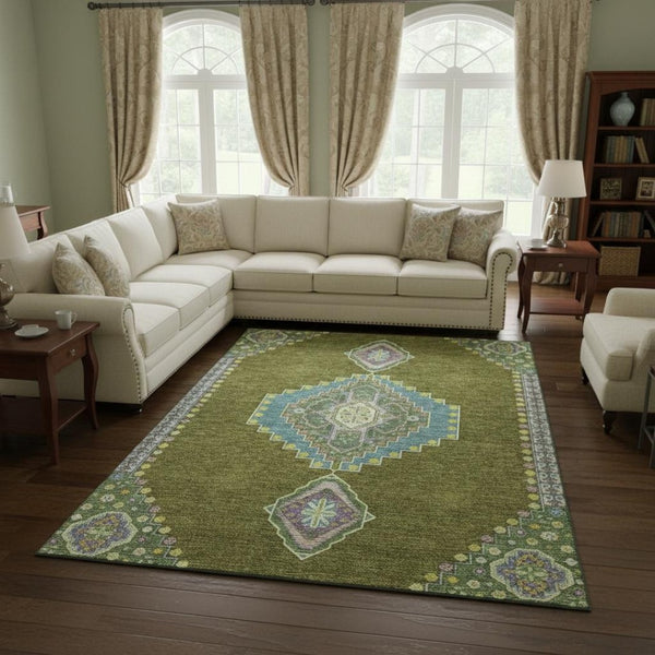 HomeRoots 8' X 10' Olive Green Teal Purple Oriental Rug - Stain Resistant, UV Protected, Durable Design for Homes 679592