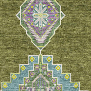 HomeRoots 8' X 10' Olive Green Teal Purple Oriental Rug - Stain Resistant, UV Protected, Durable Design for Homes 679592