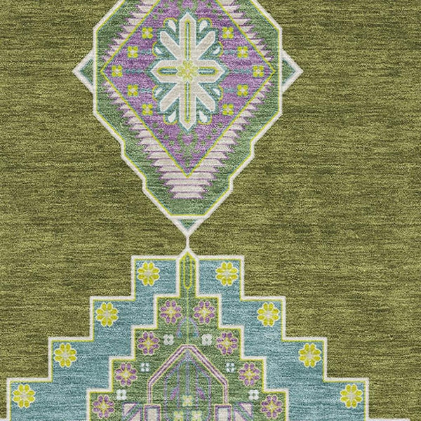 HomeRoots 8' X 10' Olive Green Teal Purple Oriental Rug - Stain Resistant, UV Protected, Durable Design for Homes 679592