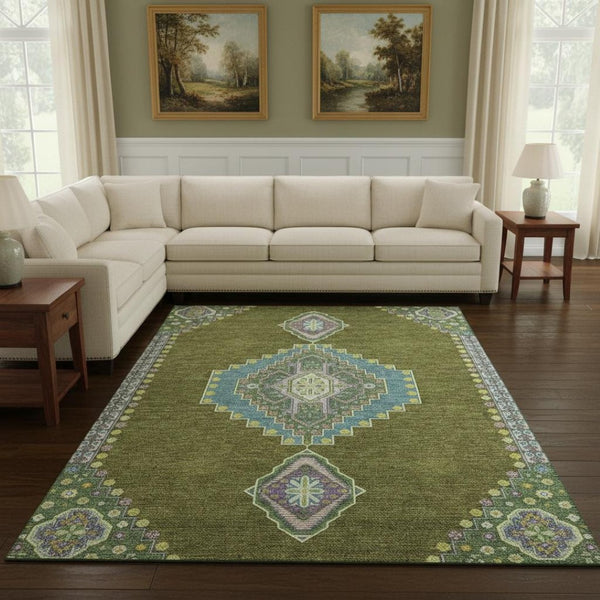 HomeRoots 9' X 12' Olive Green Teal & Purple Oriental Washable Area Rug - UV Protected, Durable & Stylish Design 679593