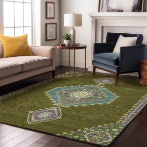 HomeRoots 9' X 12' Olive Green Teal & Purple Oriental Washable Area Rug - UV Protected, Durable & Stylish Design 679593