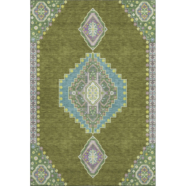 HomeRoots 9' X 12' Olive Green Teal & Purple Oriental Washable Area Rug - UV Protected, Durable & Stylish Design 679593