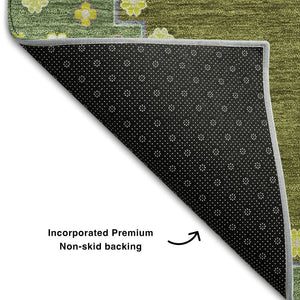 HomeRoots 9' X 12' Olive Green Teal & Purple Oriental Washable Area Rug - UV Protected, Durable & Stylish Design 679593