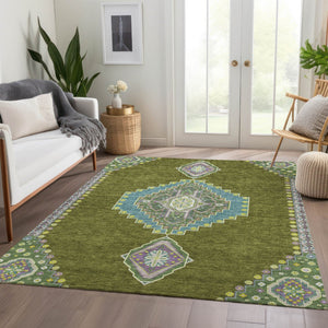 HomeRoots 9' X 12' Olive Green Teal & Purple Oriental Washable Area Rug - UV Protected, Durable & Stylish Design 679593