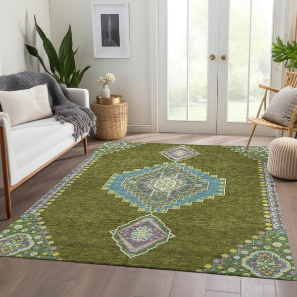 HomeRoots 9' X 12' Olive Green Teal & Purple Oriental Washable Area Rug - UV Protected, Durable & Stylish Design 679593