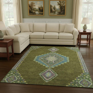 HomeRoots 10' X 14' Olive Green Teal & Purple Oriental Area Rug - Washable, UV-Protected & Stain-Resistant! 679594