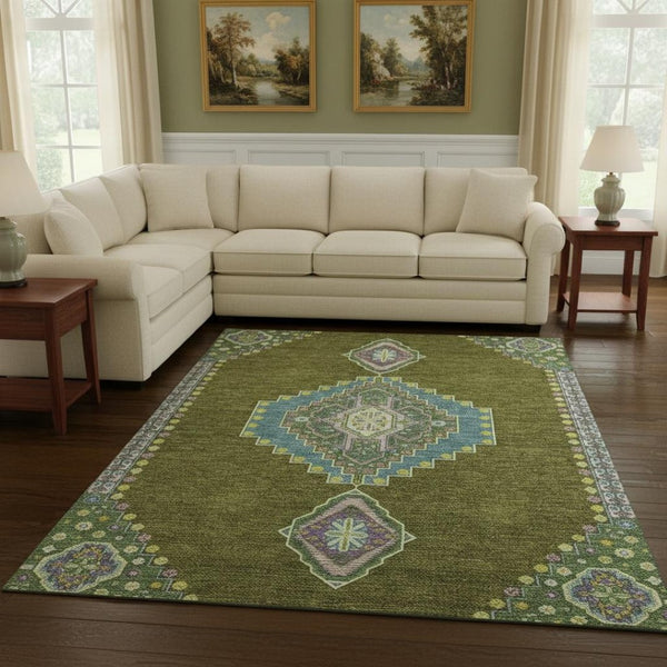 HomeRoots 10' X 14' Olive Green Teal & Purple Oriental Area Rug - Washable, UV-Protected & Stain-Resistant! 679594