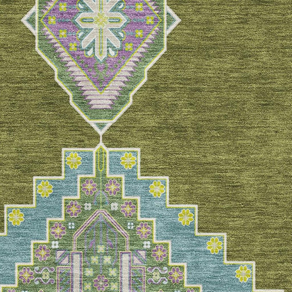 HomeRoots 10' X 14' Olive Green Teal & Purple Oriental Area Rug - Washable, UV-Protected & Stain-Resistant! 679594