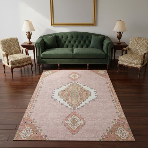 HomeRoots 5' X 8' Pink Ivory Gray Oriental Area Rug – Washable, Stain Resistant, UV Protected for Lasting Beauty 679596