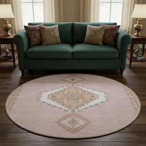 HomeRoots 8' Washable Round Oriental Rug in Soft Pink, Ivory & Gray - UV Protected, Durable & Stylish! 679597