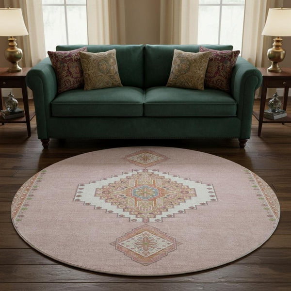 HomeRoots 8' Washable Round Oriental Rug in Soft Pink, Ivory & Gray - UV Protected, Durable & Stylish! 679597