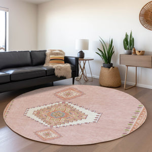 HomeRoots 8' Washable Round Oriental Rug in Soft Pink, Ivory & Gray - UV Protected, Durable & Stylish! 679597