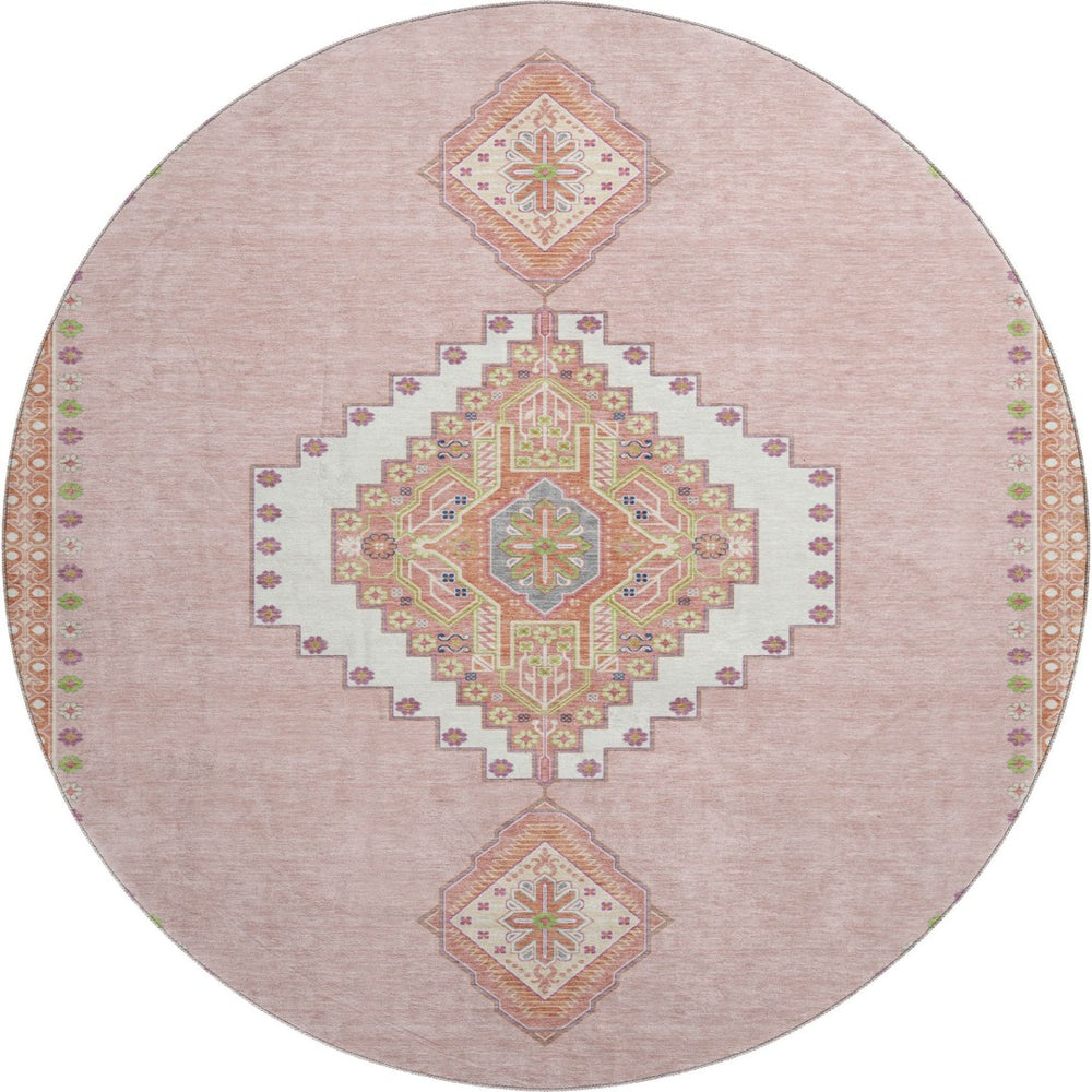 HomeRoots 8' Washable Round Oriental Rug in Soft Pink, Ivory & Gray - UV Protected, Durable & Stylish! 679597