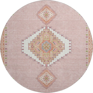HomeRoots 8' Washable Round Oriental Rug in Soft Pink, Ivory & Gray - UV Protected, Durable & Stylish! 679597