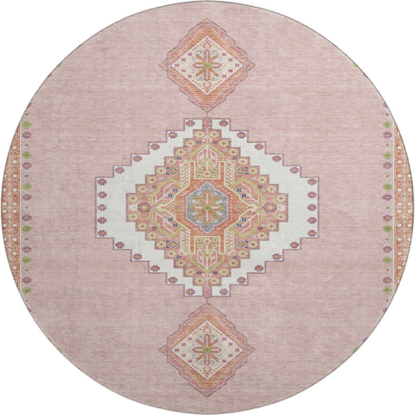 HomeRoots 8' Washable Round Oriental Rug in Soft Pink, Ivory & Gray - UV Protected, Durable & Stylish! 679597