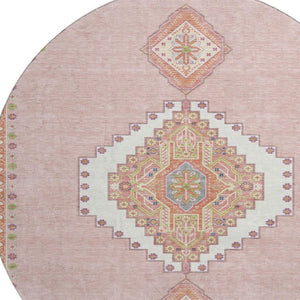 HomeRoots 8' Washable Round Oriental Rug in Soft Pink, Ivory & Gray - UV Protected, Durable & Stylish! 679597