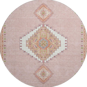 HomeRoots 8' Washable Round Oriental Rug in Soft Pink, Ivory & Gray - UV Protected, Durable & Stylish! 679597