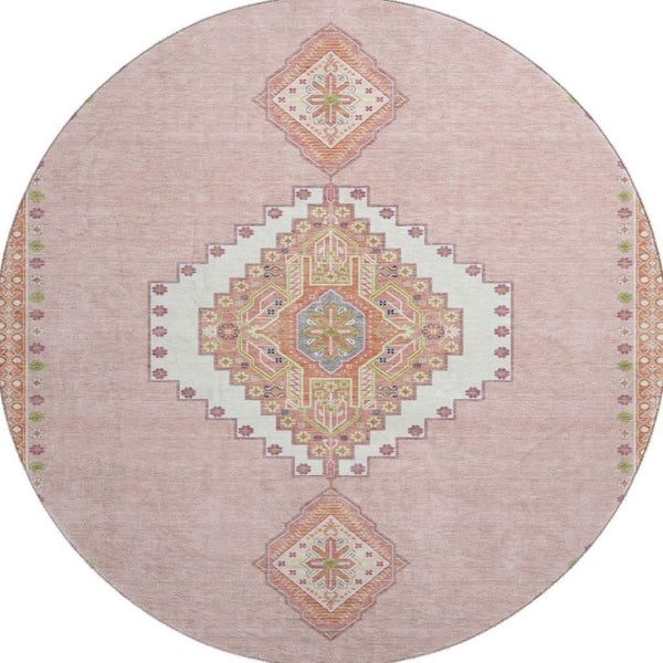 HomeRoots 8' Washable Round Oriental Rug in Soft Pink, Ivory & Gray - UV Protected, Durable & Stylish! 679597