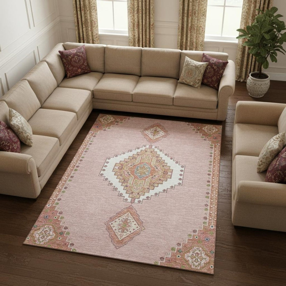 HomeRoots 8' X 10' Elegant Pink Ivory Gray Washable Oriental Area Rug with UV Protection for Modern Homes 679598
