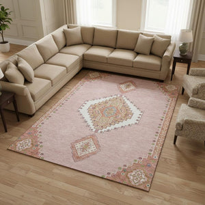 HomeRoots 9' X 12' Elegant Pink Ivory Gray Oriental Area Rug - Washable, UV Protected, Durable & Stylish Decor 679599
