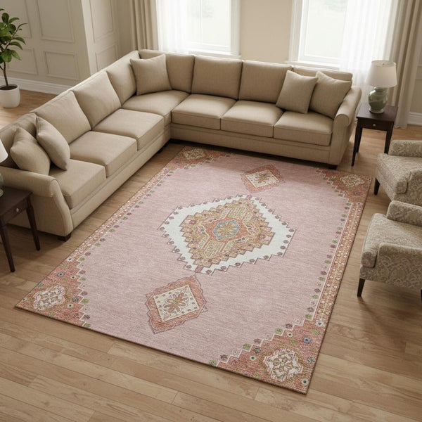 HomeRoots 9' X 12' Elegant Pink Ivory Gray Oriental Area Rug - Washable, UV Protected, Durable & Stylish Decor 679599