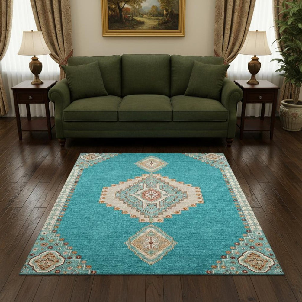 HomeRoots 5' X 8' Teal, Salmon & Beige Washable Area Rug - Stylish, Durable, UV-Protected for Every Home 679602