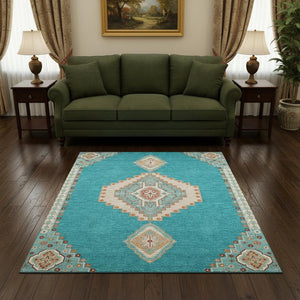 HomeRoots 5' X 8' Teal, Salmon & Beige Washable Area Rug - Stylish, Durable, UV-Protected for Every Home 679602